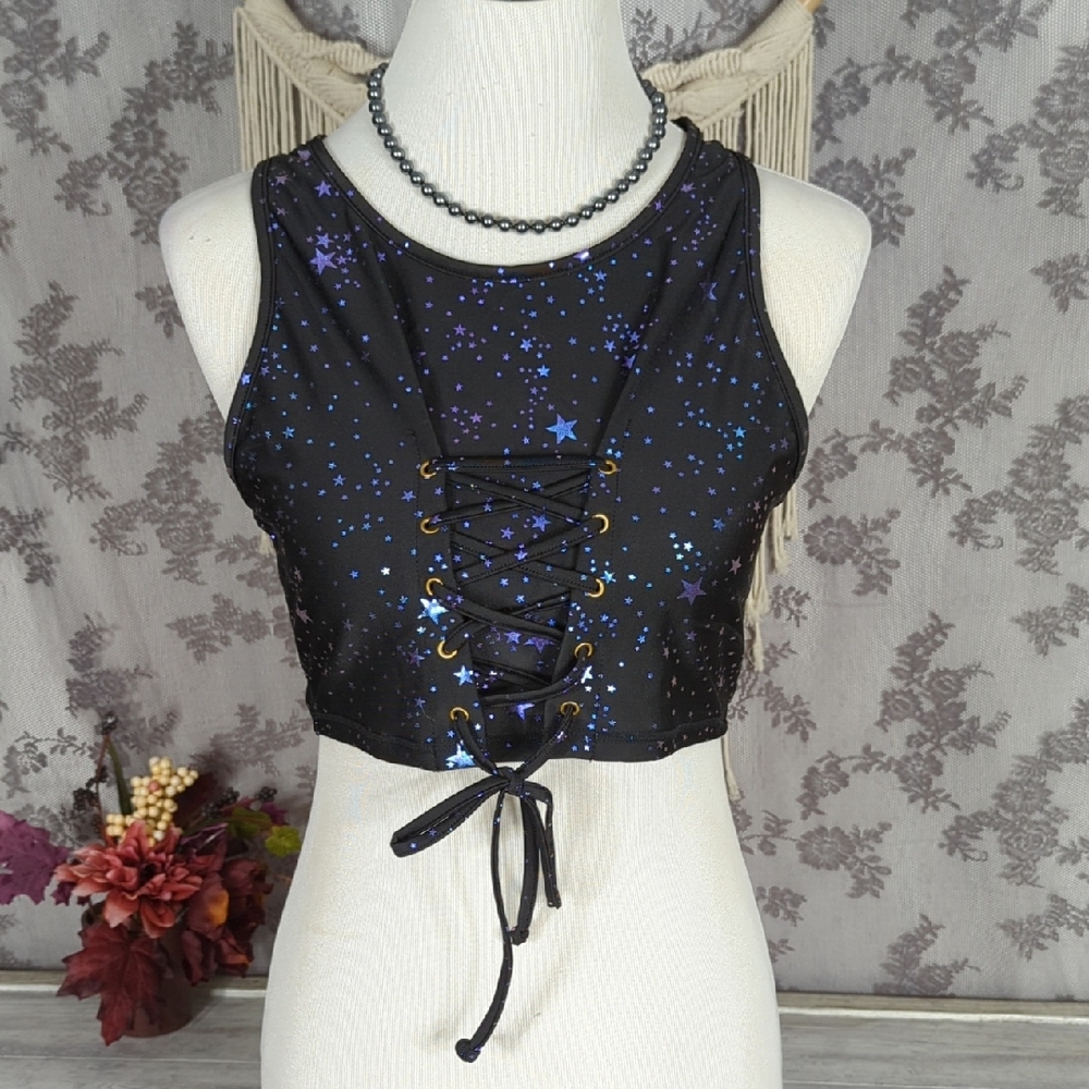 Shein Curve foil star lace up rave crop top